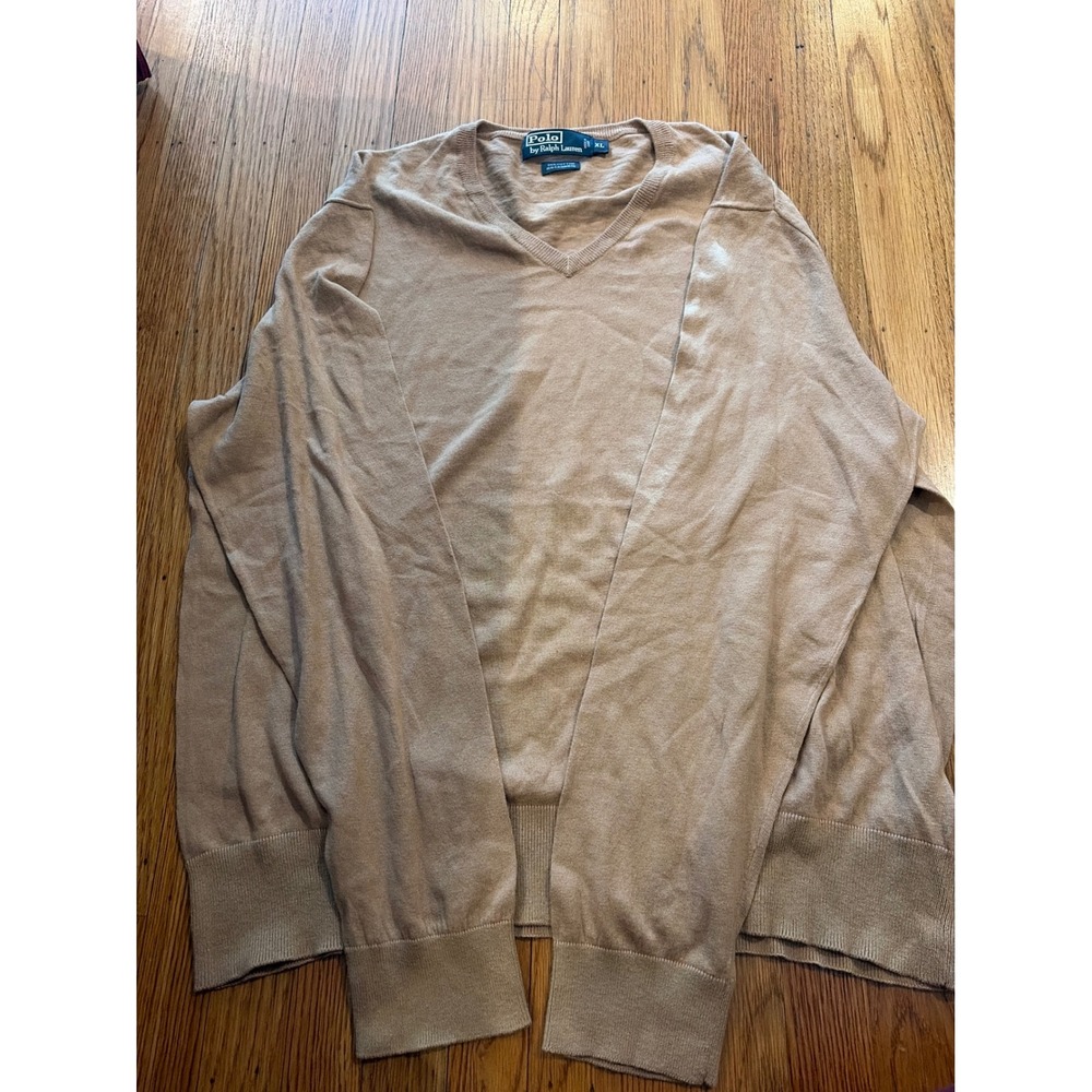 Polo Ralph Lauren Mens XL Tan Cotton Cashmere V-Neck Sweater Camel Knit